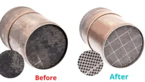 Un filtre a particules DPF avant et après nettoyage